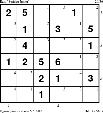 The grouppuzzles.com Easy Sudoku-Junior puzzle for Thursday May 21, 2026 with all 4 steps marked