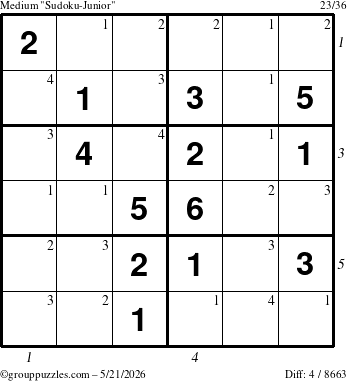 The grouppuzzles.com Medium Sudoku-Junior puzzle for Thursday May 21, 2026 with all 4 steps marked