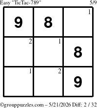 The grouppuzzles.com Easy TicTac-789 puzzle for Thursday May 21, 2026 with the first 2 steps marked