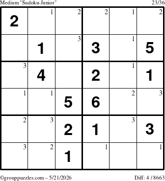 The grouppuzzles.com Medium Sudoku-Junior puzzle for Thursday May 21, 2026 with the first 3 steps marked
