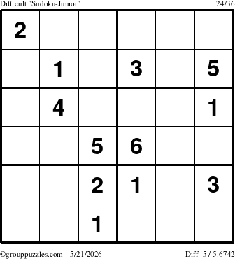 The grouppuzzles.com Difficult Sudoku-Junior puzzle for Thursday May 21, 2026