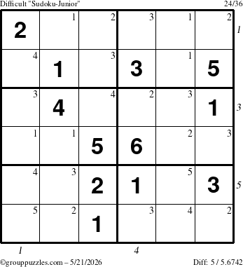 The grouppuzzles.com Difficult Sudoku-Junior puzzle for Thursday May 21, 2026 with all 5 steps marked