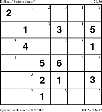 The grouppuzzles.com Difficult Sudoku-Junior puzzle for Thursday May 21, 2026 with the first 3 steps marked