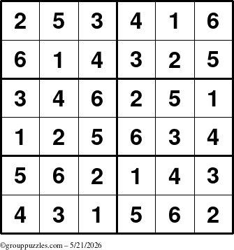 The grouppuzzles.com Answer grid for the Sudoku-Junior puzzle for Thursday May 21, 2026