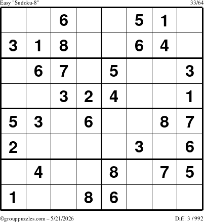 The grouppuzzles.com Easy Sudoku-8 puzzle for Thursday May 21, 2026