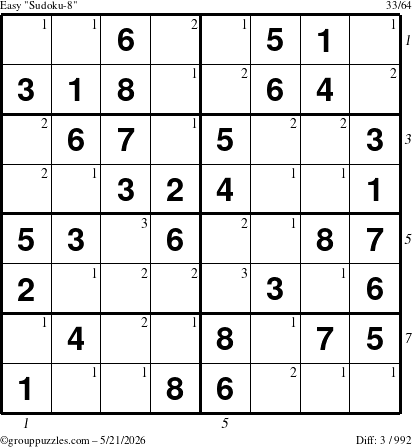 The grouppuzzles.com Easy Sudoku-8 puzzle for Thursday May 21, 2026, suitable for printing, with all 3 steps marked