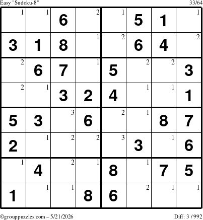 The grouppuzzles.com Easy Sudoku-8 puzzle for Thursday May 21, 2026 with the first 3 steps marked