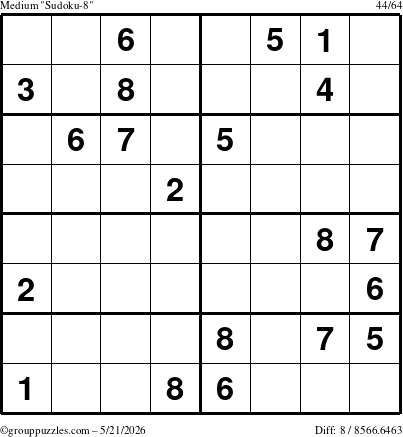 The grouppuzzles.com Medium Sudoku-8 puzzle for Thursday May 21, 2026