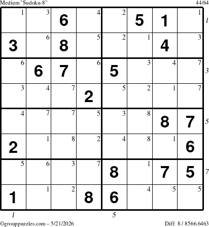 The grouppuzzles.com Medium Sudoku-8 puzzle for Thursday May 21, 2026, suitable for printing, with all 8 steps marked