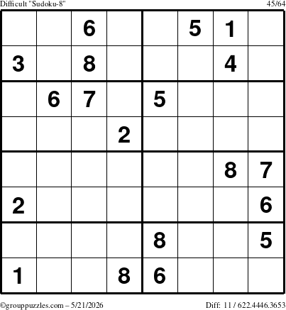The grouppuzzles.com Difficult Sudoku-8 puzzle for Thursday May 21, 2026