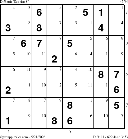 The grouppuzzles.com Difficult Sudoku-8 puzzle for Thursday May 21, 2026 with all 11 steps marked