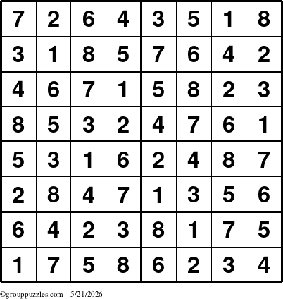 The grouppuzzles.com Answer grid for the Sudoku-8 puzzle for Thursday May 21, 2026