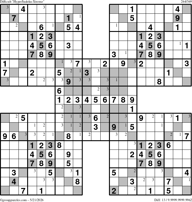The grouppuzzles.com Difficult cover-HyperXtreme puzzle for Thursday May 21, 2026 with the first 3 steps marked