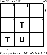 The grouppuzzles.com Easy TicTac-STU puzzle for Thursday May 21, 2026, suitable for printing, with all 2 steps marked