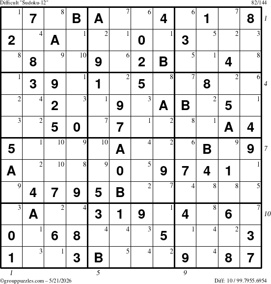 The grouppuzzles.com Difficult Sudoku-12 puzzle for Thursday May 21, 2026, suitable for printing, with all 10 steps marked