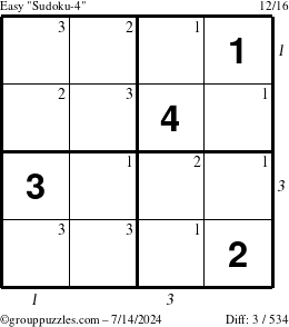 The grouppuzzles.com Easy Sudoku-4 puzzle for Sunday July 14, 2024 with all 3 steps marked