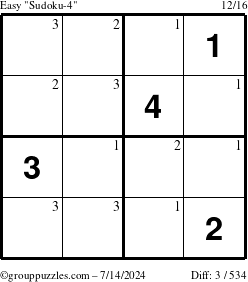 The grouppuzzles.com Easy Sudoku-4 puzzle for Sunday July 14, 2024 with the first 3 steps marked