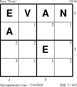 The grouppuzzles.com Easy Evan puzzle for Sunday July 14, 2024 with all 3 steps marked