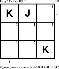 The grouppuzzles.com Easy TicTac-JKL puzzle for Sunday July 14, 2024 with all 2 steps marked