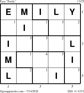 The grouppuzzles.com Easy Emily puzzle for Sunday July 14, 2024, suitable for printing, with all 4 steps marked