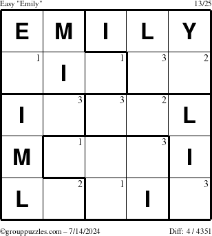 The grouppuzzles.com Easy Emily puzzle for Sunday July 14, 2024 with the first 3 steps marked