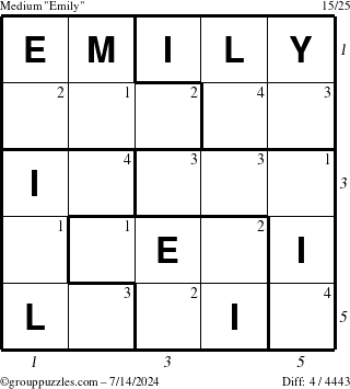 The grouppuzzles.com Medium Emily puzzle for Sunday July 14, 2024 with all 4 steps marked