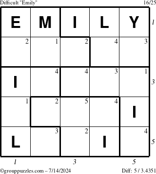 The grouppuzzles.com Difficult Emily puzzle for Sunday July 14, 2024 with all 5 steps marked