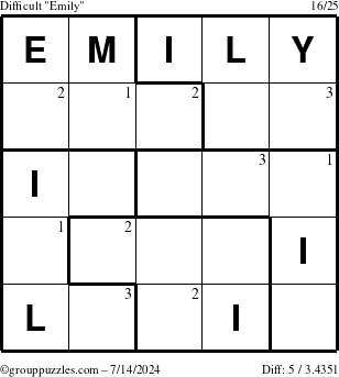 The grouppuzzles.com Difficult Emily puzzle for Sunday July 14, 2024 with the first 3 steps marked