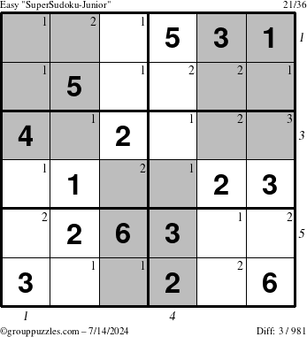 The grouppuzzles.com Easy SuperSudoku-Junior puzzle for Sunday July 14, 2024, suitable for printing, with all 3 steps marked