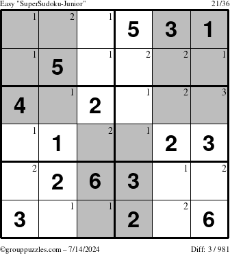 The grouppuzzles.com Easy SuperSudoku-Junior puzzle for Sunday July 14, 2024 with the first 3 steps marked