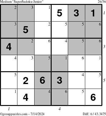 The grouppuzzles.com Medium SuperSudoku-Junior puzzle for Sunday July 14, 2024, suitable for printing, with all 6 steps marked