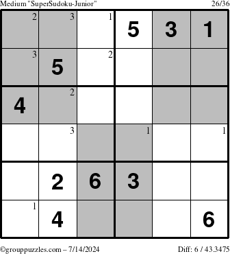 The grouppuzzles.com Medium SuperSudoku-Junior puzzle for Sunday July 14, 2024 with the first 3 steps marked