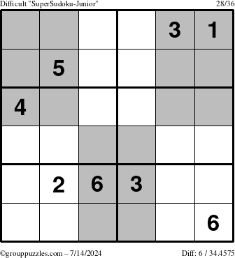 The grouppuzzles.com Difficult SuperSudoku-Junior puzzle for Sunday July 14, 2024