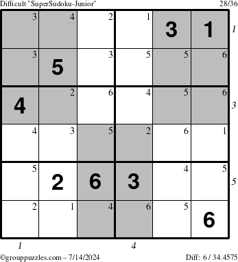 The grouppuzzles.com Difficult SuperSudoku-Junior puzzle for Sunday July 14, 2024 with all 6 steps marked