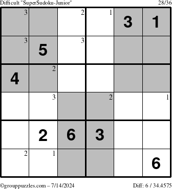 The grouppuzzles.com Difficult SuperSudoku-Junior puzzle for Sunday July 14, 2024 with the first 3 steps marked