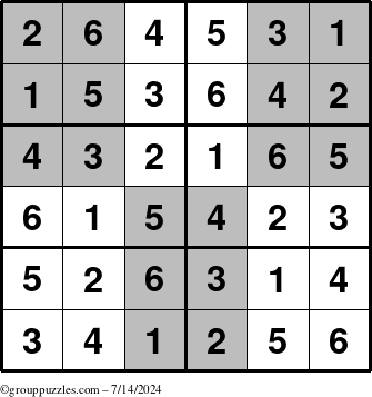 The grouppuzzles.com Answer grid for the SuperSudoku-Junior puzzle for Sunday July 14, 2024