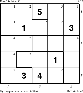 The grouppuzzles.com Easy Sudoku-5 puzzle for Sunday July 14, 2024 with all 4 steps marked