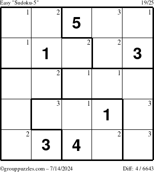 The grouppuzzles.com Easy Sudoku-5 puzzle for Sunday July 14, 2024 with the first 3 steps marked