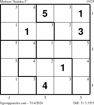 The grouppuzzles.com Medium Sudoku-5 puzzle for Sunday July 14, 2024 with all 5 steps marked