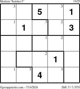 The grouppuzzles.com Medium Sudoku-5 puzzle for Sunday July 14, 2024 with the first 3 steps marked