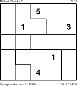 The grouppuzzles.com Difficult Sudoku-5 puzzle for Sunday July 14, 2024