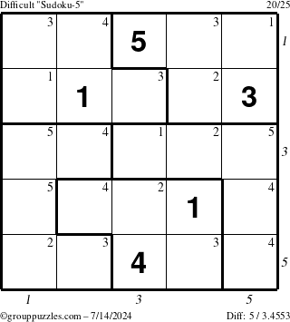 The grouppuzzles.com Difficult Sudoku-5 puzzle for Sunday July 14, 2024 with all 5 steps marked