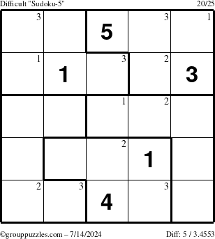 The grouppuzzles.com Difficult Sudoku-5 puzzle for Sunday July 14, 2024 with the first 3 steps marked