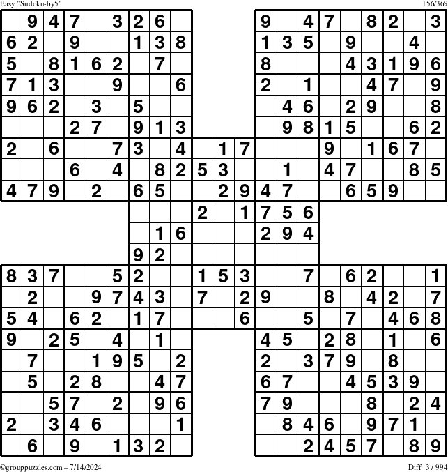 The grouppuzzles.com Easy Sudoku-by5 puzzle for Sunday July 14, 2024