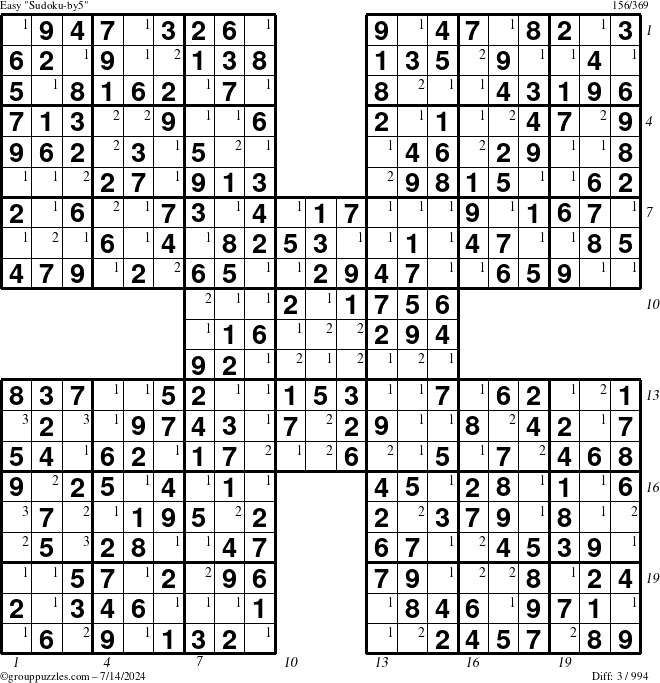 The grouppuzzles.com Easy Sudoku-by5 puzzle for Sunday July 14, 2024 with all 3 steps marked