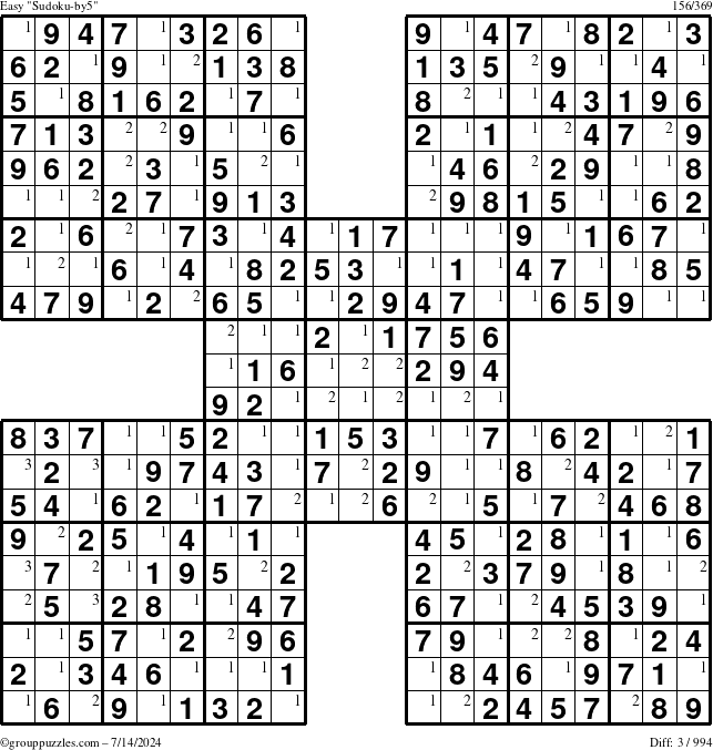 The grouppuzzles.com Easy Sudoku-by5 puzzle for Sunday July 14, 2024 with the first 3 steps marked