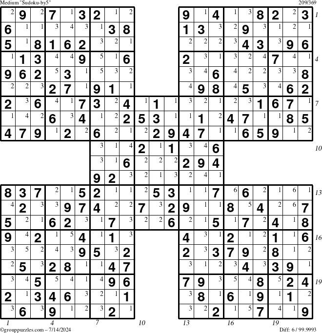 The grouppuzzles.com Medium Sudoku-by5 puzzle for Sunday July 14, 2024 with all 6 steps marked