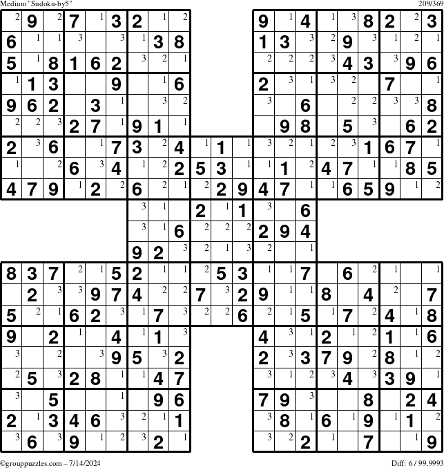 The grouppuzzles.com Medium Sudoku-by5 puzzle for Sunday July 14, 2024 with the first 3 steps marked