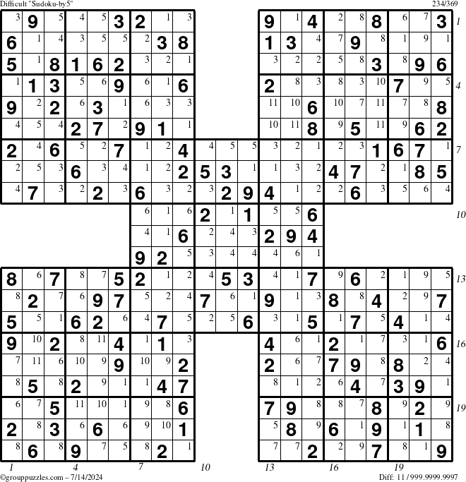 The grouppuzzles.com Difficult Sudoku-by5 puzzle for Sunday July 14, 2024 with all 11 steps marked