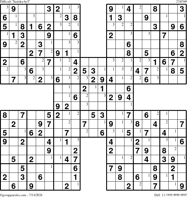 The grouppuzzles.com Difficult Sudoku-by5 puzzle for Sunday July 14, 2024 with the first 3 steps marked